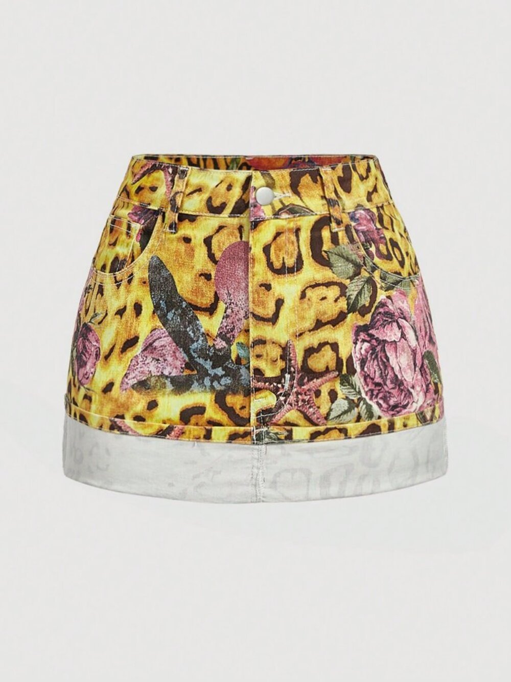 Multicolor Casual Elegant Women's Floral Pocket Rolled Hem Denim Skirt
